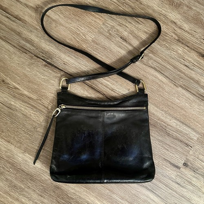 #ad #ad Hobo International Black Leather Cambel Crossbody Purse Bag Glossy Coated $40.00