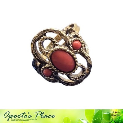 Vintage Carolin Emmons Goldtone Metal Adjustable Ring Wutg Faux Coral Accents