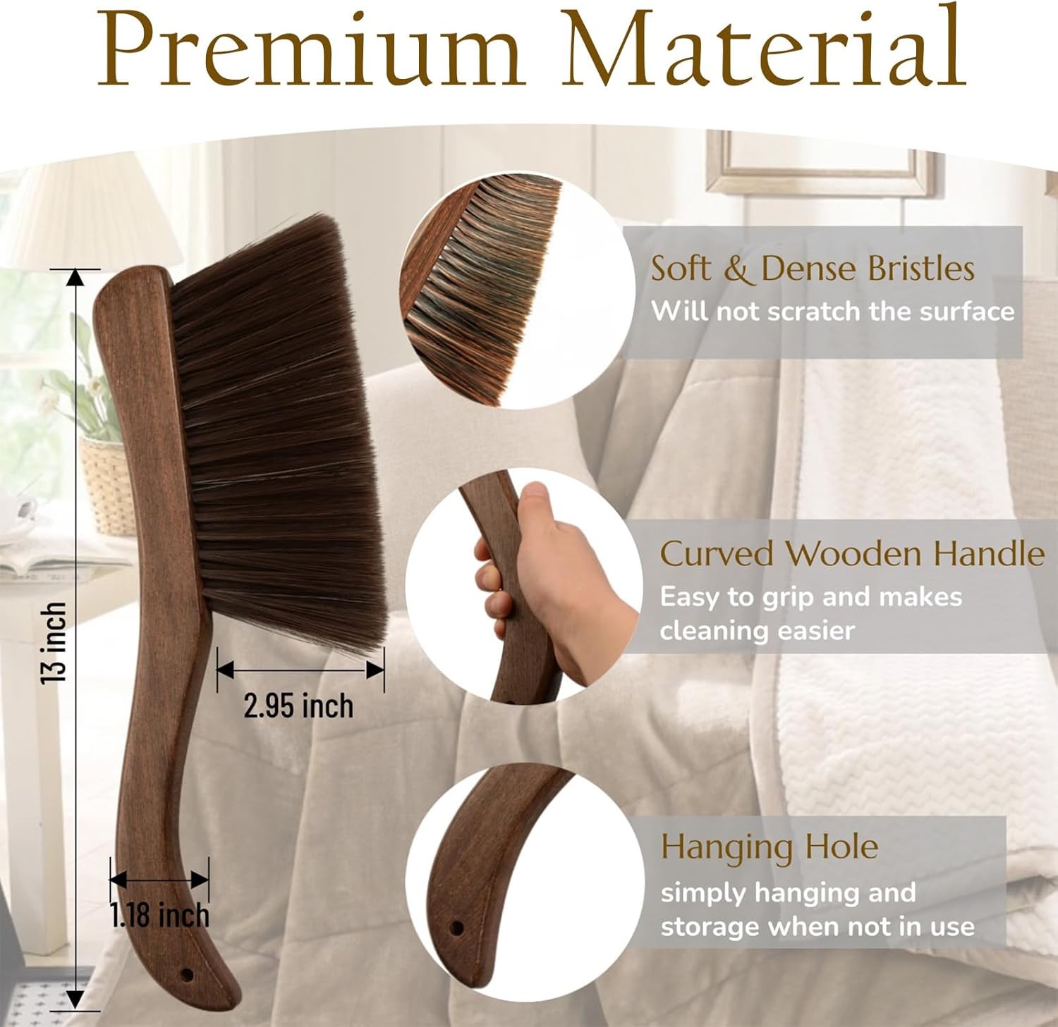 1 Pieces Woooden Hand Whisk Broom Dust Brush with Curved Wood Handle Soft 