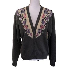 Vintage Koret Size Large Floral Stitched Cardigan Sweater Lambs Wool Angora