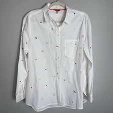 Joules Women's Button Front Shirt Blouse Top-White-Embroidered Stars Bees-US 12