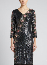 Vintage Sequin Beaded Dress Floral Long Sleeve Black Evening Party Midi Gown