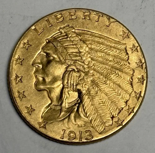 AU+ 1913 Indian Head Gold Quarter Eagle (All Original!), U.S. $2.50 Type Coin