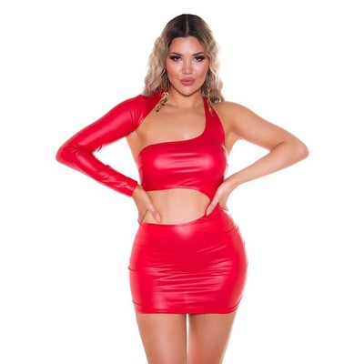 Mini Dress Leather Look One Shoulder Cut Out Open Back - Red