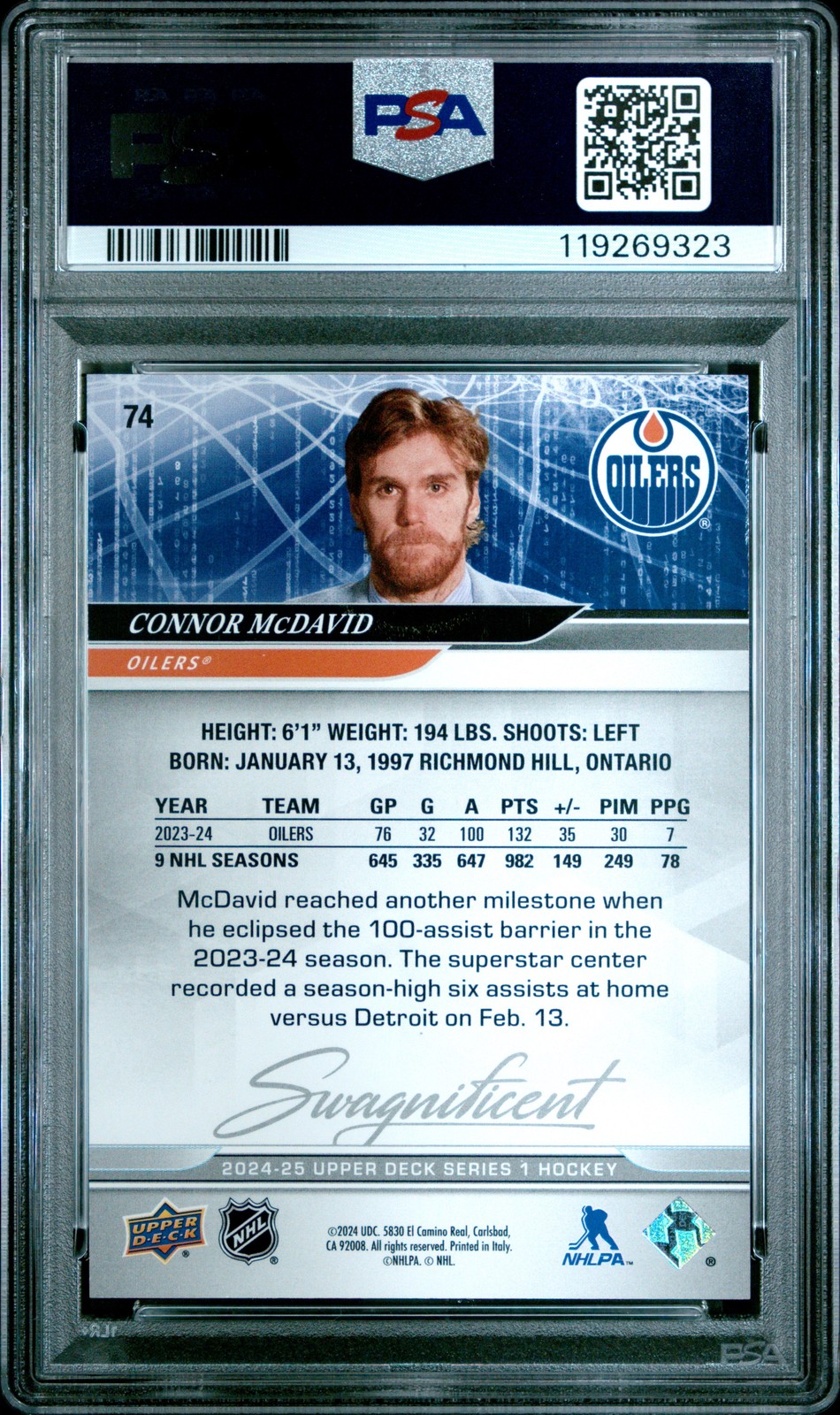 2024 UD SWAGNIFICENT VARIATION #74 CONNOR MCDAVID PSA 9 view 2