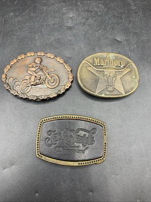 3 Vintage Brass Belt Buckles-Marlboro-Jack Daniel s-Motocross