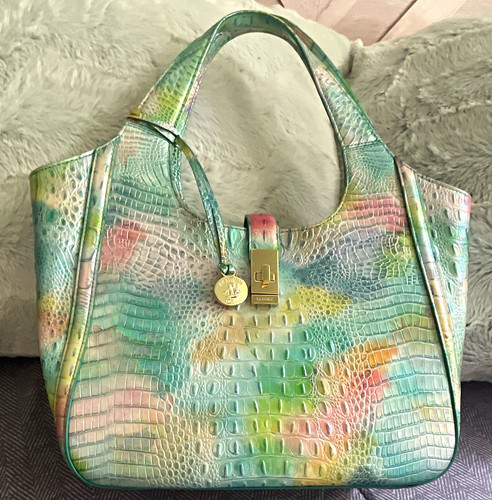 Brahmin Multicolor Croc Embossed Zip Satchel Top Handle Gold Bag Charm