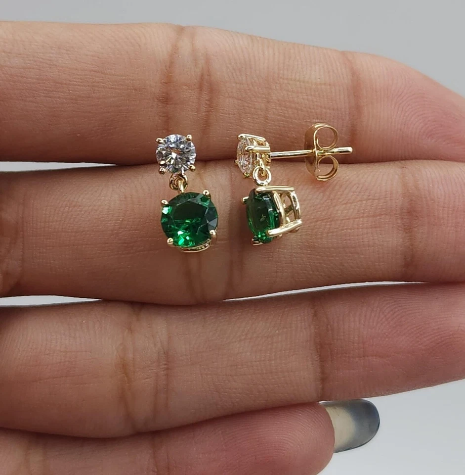 14K Yellow Gold Emerald Diamond Dangle Stud earrings for women Anniversary Gifts - Image 2 of 4