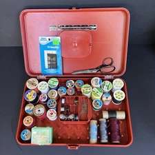 Vintage Wilson Wil-Hold Thread FULL Storage Box Orange Sewing Scissors EXTRAS