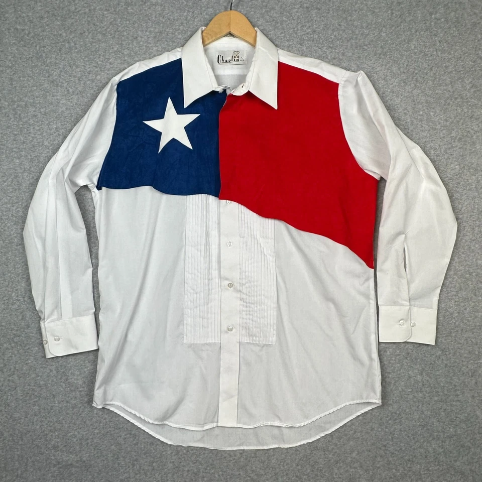 Camisa Chaplin De Colección Para Hombres Grande 32-33 Blanco Esmoquin Plisado Bandera de Texas Babero Yugo Foto 2 de 4