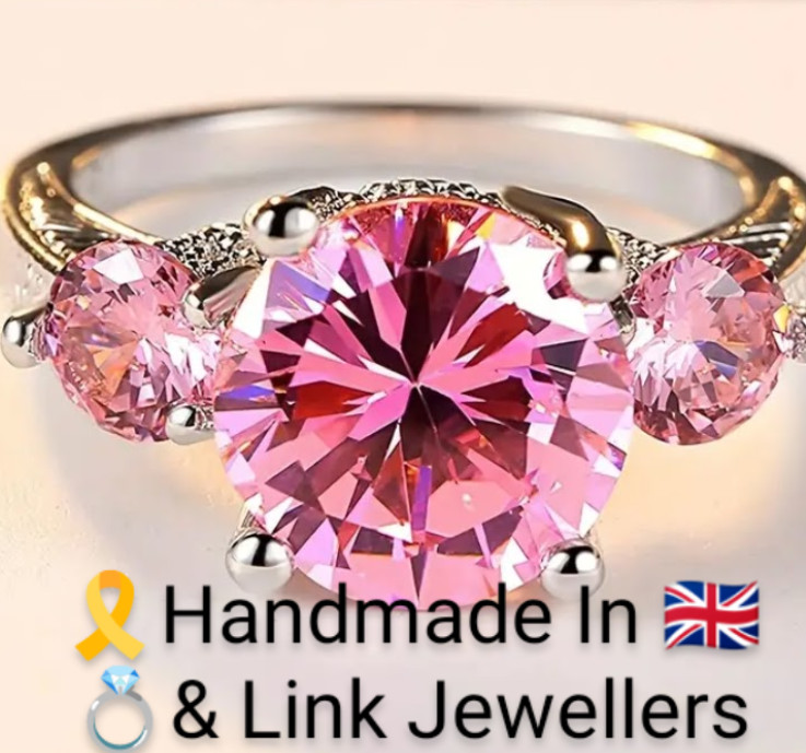 A1G: Woman White Gold* Ring. Size P-Q. Lab Created 3 Diamond Cut Pink Morganite