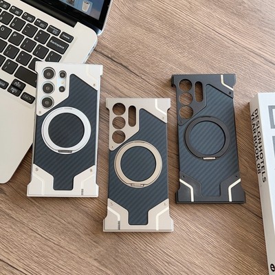 Magnetic Metal Rimless Carbon fiber Stand case For Samsung S24 S23 S22 Ultra