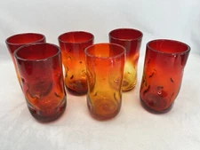 Vintage Blenko Set Of 6 Handcrafted Art Glass Tangerine Pinched 6”Tumblers