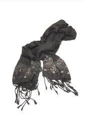Women’s Pashmina Style Scarf Shawl Wrap- Black W/ Paisley Embroidery- 19”x78”