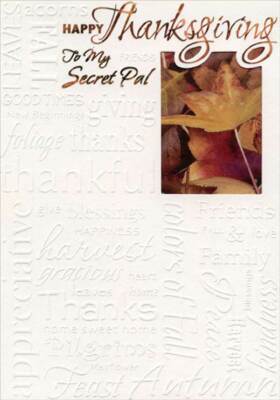 Embossed Words on White  Leaves in Die Cut Window Secret Pal Thanksgiving Card
