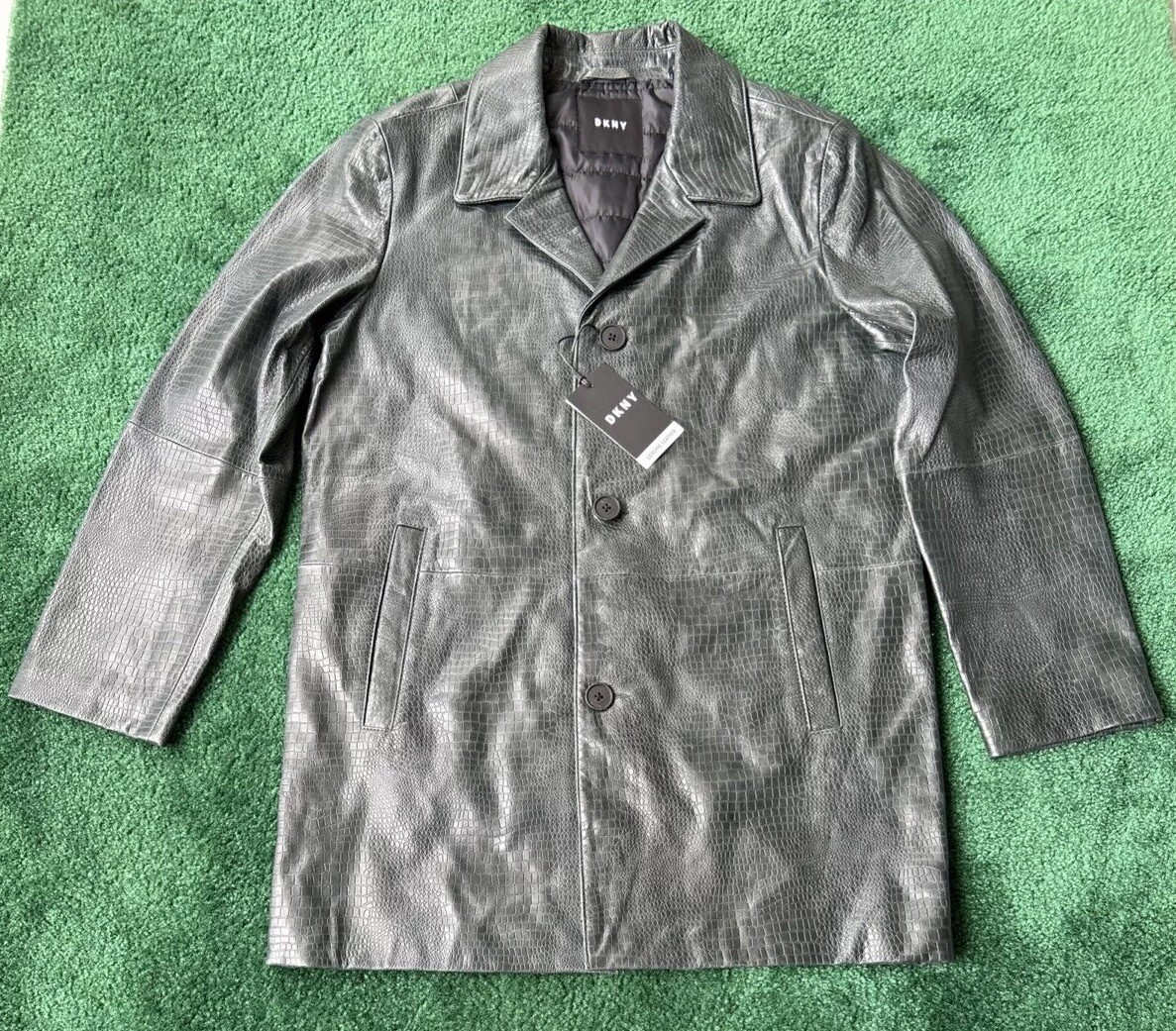 Men DKNY Crocodile Embossed Genuine Leather Long Button Coat