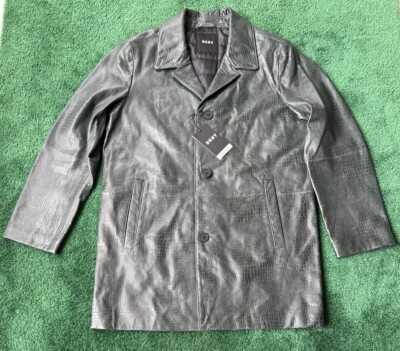 Men DKNY Crocodile Embossed Genuine Leather Long Button Coat