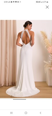 White Satin Lace Backless Halter Maxi Dress | Womens | Large | 100% Polyester | Lulus