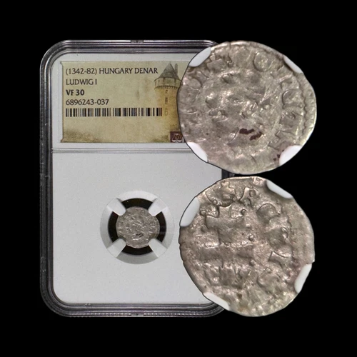 HUNGARY. 1373, Denar, Silver - NGC VF30 - Louis I, Denarius Saracenus Saracen 37