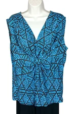 Rafaella Blouse Womens Size L Large V-Neck Sleeveless Brown Teal Geometric
