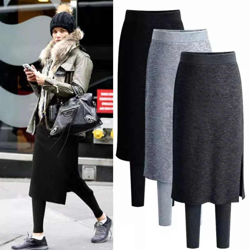 Women Two Pieces Pencil Skirt With Fleece Long Bodycon Leggings Fake Skirt Pants