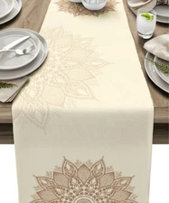 Mandala Flowers Linen Table Runner Kitchen Table Decoration Farmhouse Reusable