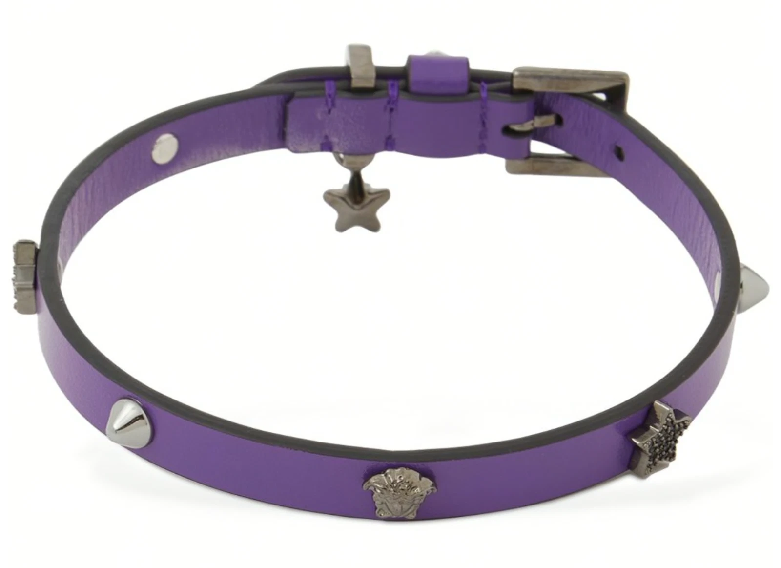 Collana girocollo nuova con scatola Versace Medusa logo stella cristallo borchie pelle viola $795