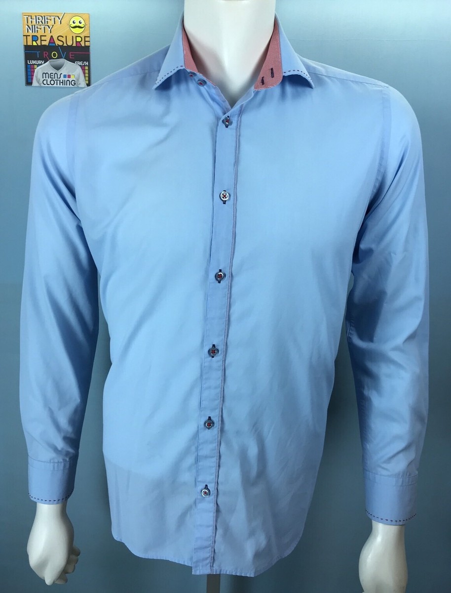 Chemise Homme Guide London Occasion - Taille M, Bleu, 100% Coton, Manchettes Rouges, Très Bon état