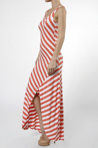 Sleeveless Double Scoop Neck Stripe Maxi Dress D1048 Coral/Off White Small - Picture 4 of 5