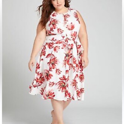 Lane Bryant Red Floral Fit Flare Dress Tie Waist Spring Summer Dress Size  14
