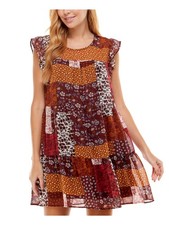 CRYSTAL DOLLS Womens Mini Dress Burgundy Flutter Sleeve Back Lined Juniors XS