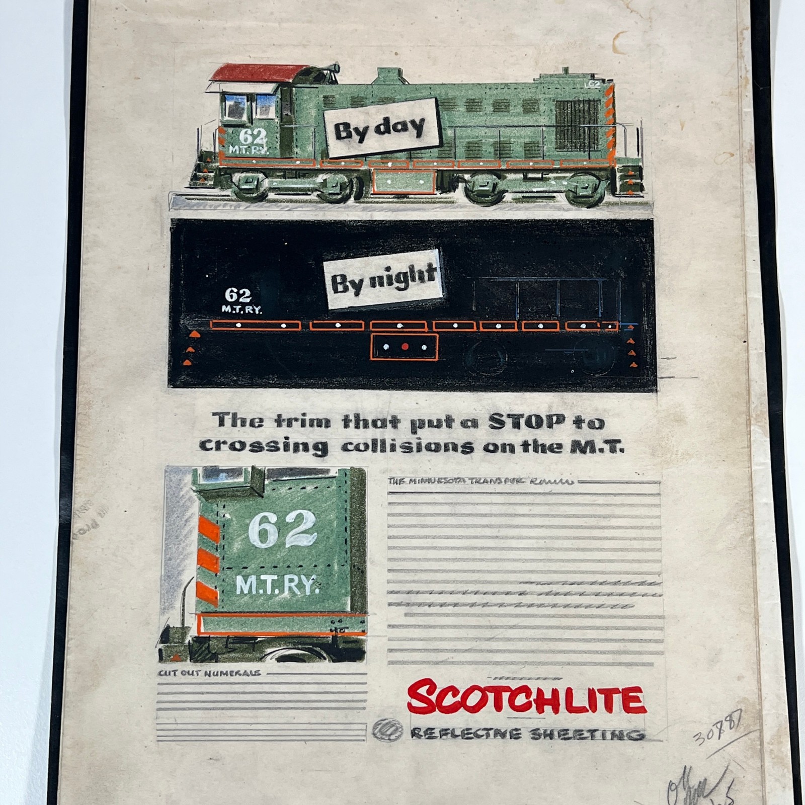 Original 1954 3M Scotchlite Railroad Ad Mockup Minnesota Transfer Ry #62 Art