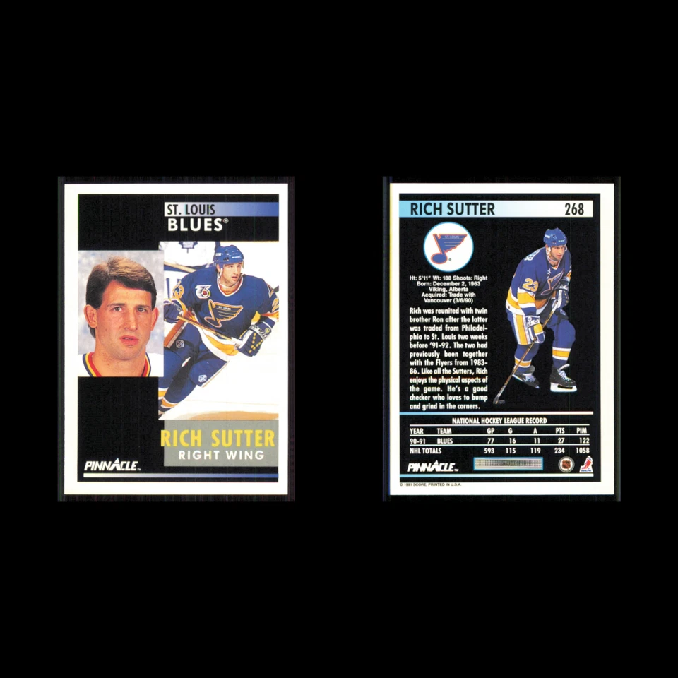Rich Sutter #268 1991 Pinnacle St. Louis Blues Hockey Card NHL NM - Image 3 of 3