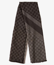 Gucci GG Monogram Wool Silk Shawl Scarf Gray Brown Reversible 54x54