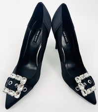 NEW Nine West Fulu Pointy Toe Crystal Buckle Stiletto Satin Pumps Black Sz 10.5M
