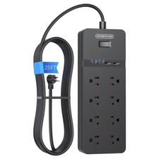 25 ft Extension Cord Flat Plug 8 Outlet Surge Protector Power Strip 4 USB Black