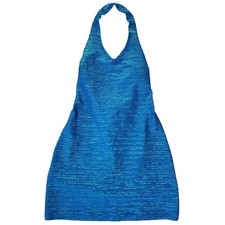 Vtg Y2k Aqua Blues Halter Dress Womens L Mini Preppy Party 2000s Bratz USA Made