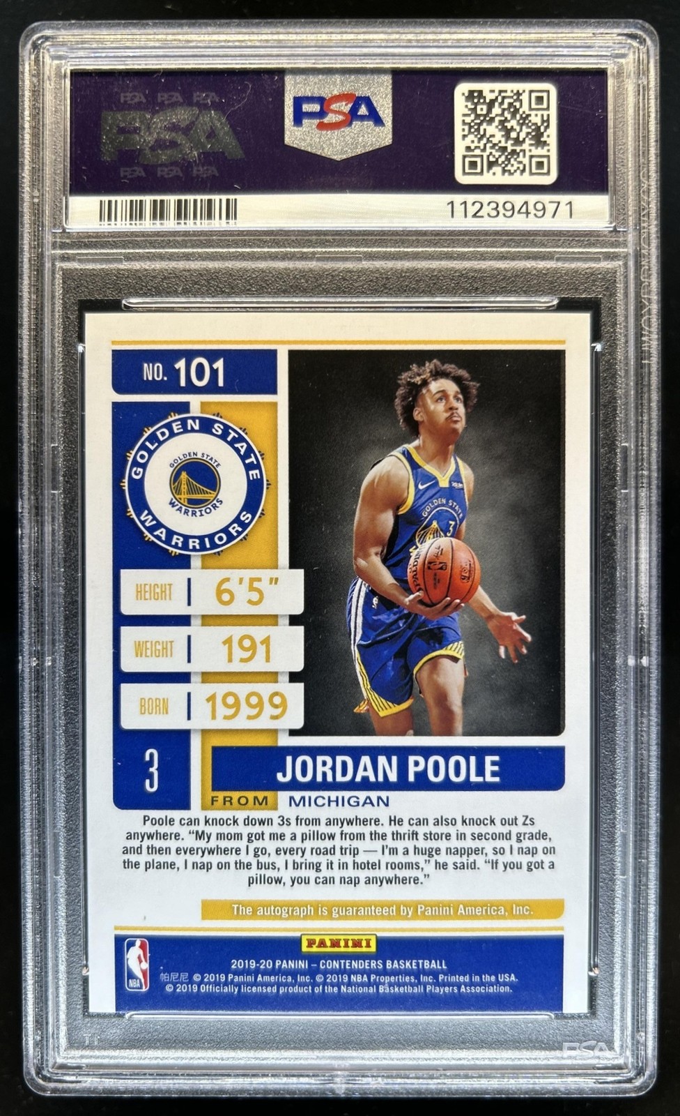 2019-20 Panini Contenders Jordan Poole RC Playoff Ticket Rookie Auto #/99 PSA 9 view 2