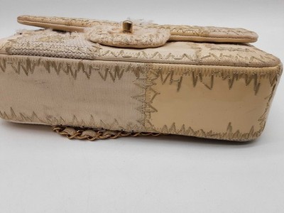 Chanel White & Beige Cnavas Tweed Patchwork Shoulder Bag