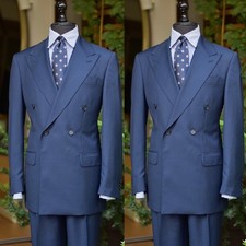 Blue Men's Suit Peak Lapel Double Breasted Formal Business Wedding Tuxedo 2Piece