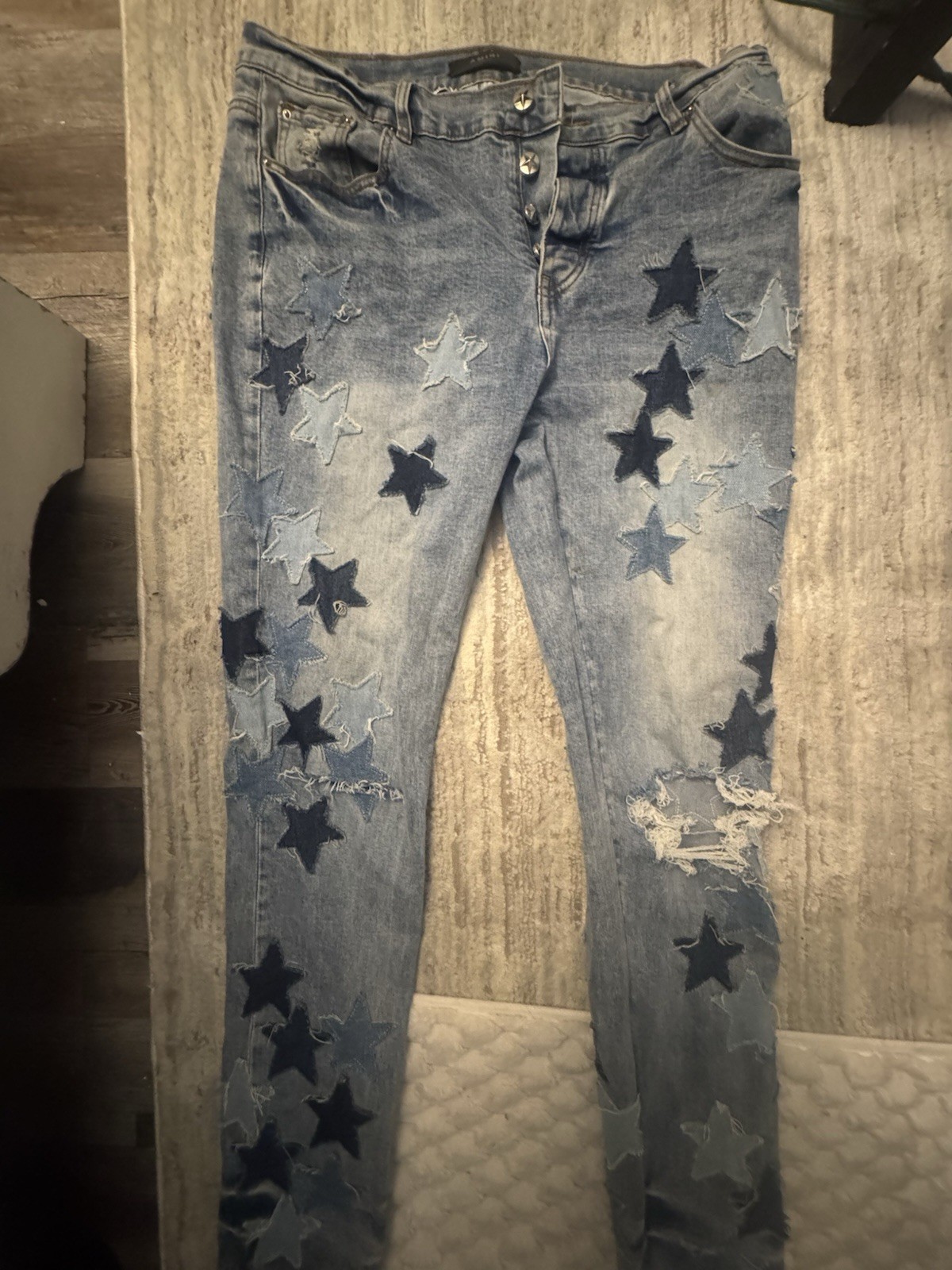 AMIRI Star Patch Distressed Blue Denim Slim Straight Men's Jeans