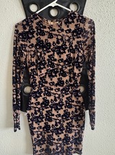 Windsor Velvet Floral Bodycon Dress Beige Navy Long Sleeve Size S