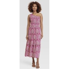 Target Knox Rose One Shoulder Smocked Paisley Maxi Rayon Dress in Pink L NWOT