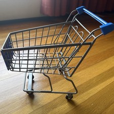 Walmart Shopping Cart Toy Doll Size Mini Gray Metal Blue Sign 10" Tall