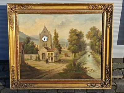 Antique Picture Clock Painting Large Wooden Box 80x70 cm Clock Mon Wurtel Oil Canvas