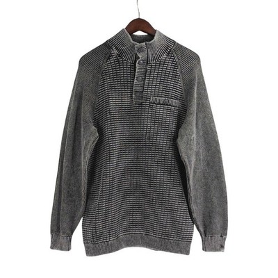 Carbon2Cobalt Mens Large Fisherman Henley Gray Cotton Cable Knit Sweater Edgy