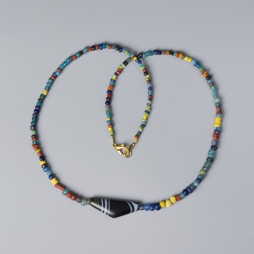 Sino-Tibetan Antique Glass Beads Necklace Featuring Agate Pendant