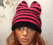 Cat Ear Beanie Hat Cute Cat Knitted Hat Winter Knit Black Rose Cuff NEW