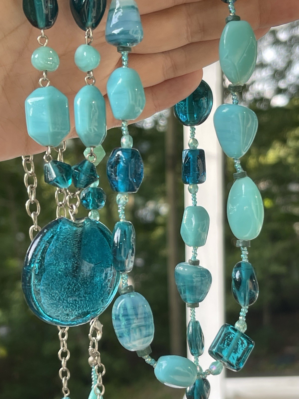 Two Art Glass Murano Style Beaded Necklaces Teal Tone