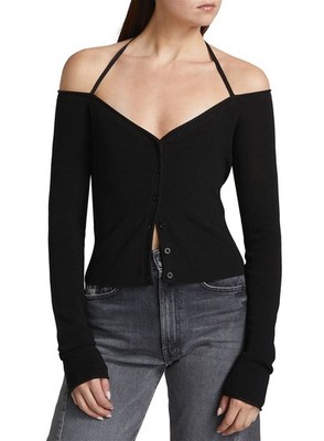 Good American Womens Stretch Rib Knit Off Shoulder Top Large Black - NWT $139